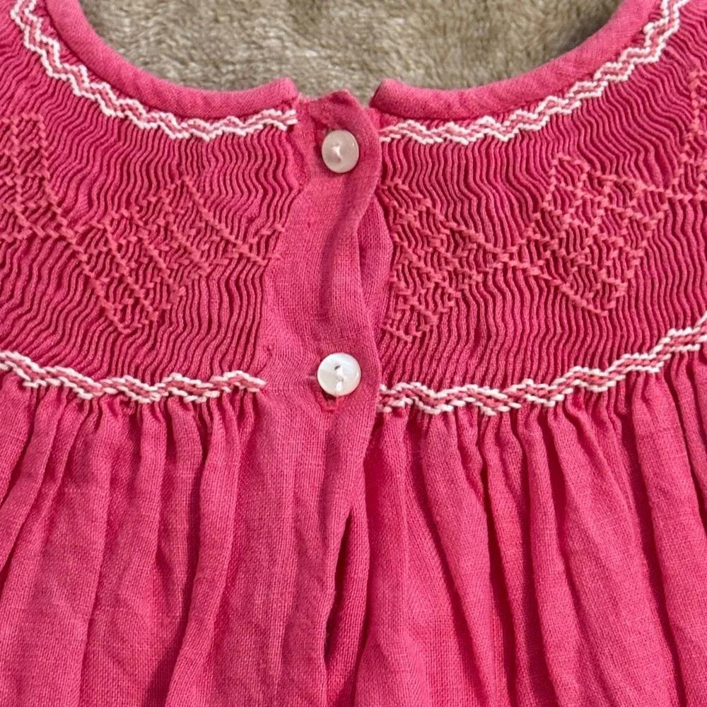Anavini Girls Pink Hand Smocked Linen Dress Floral Flutter Sleeve Size 5